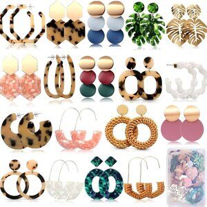 18 Pairs Women's Boho Earrings Set Straw Rattan Acrylic Hypoallergenic